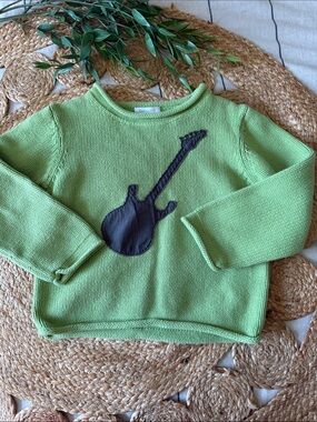 Vintage Garnett Hill Applique Guitar Rolled Neckline 100% Cotton Knit Sweater. M